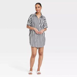 Women's Short Sleeve Shirtdress - A New Day Navy Blue Striped Small Ret $28
